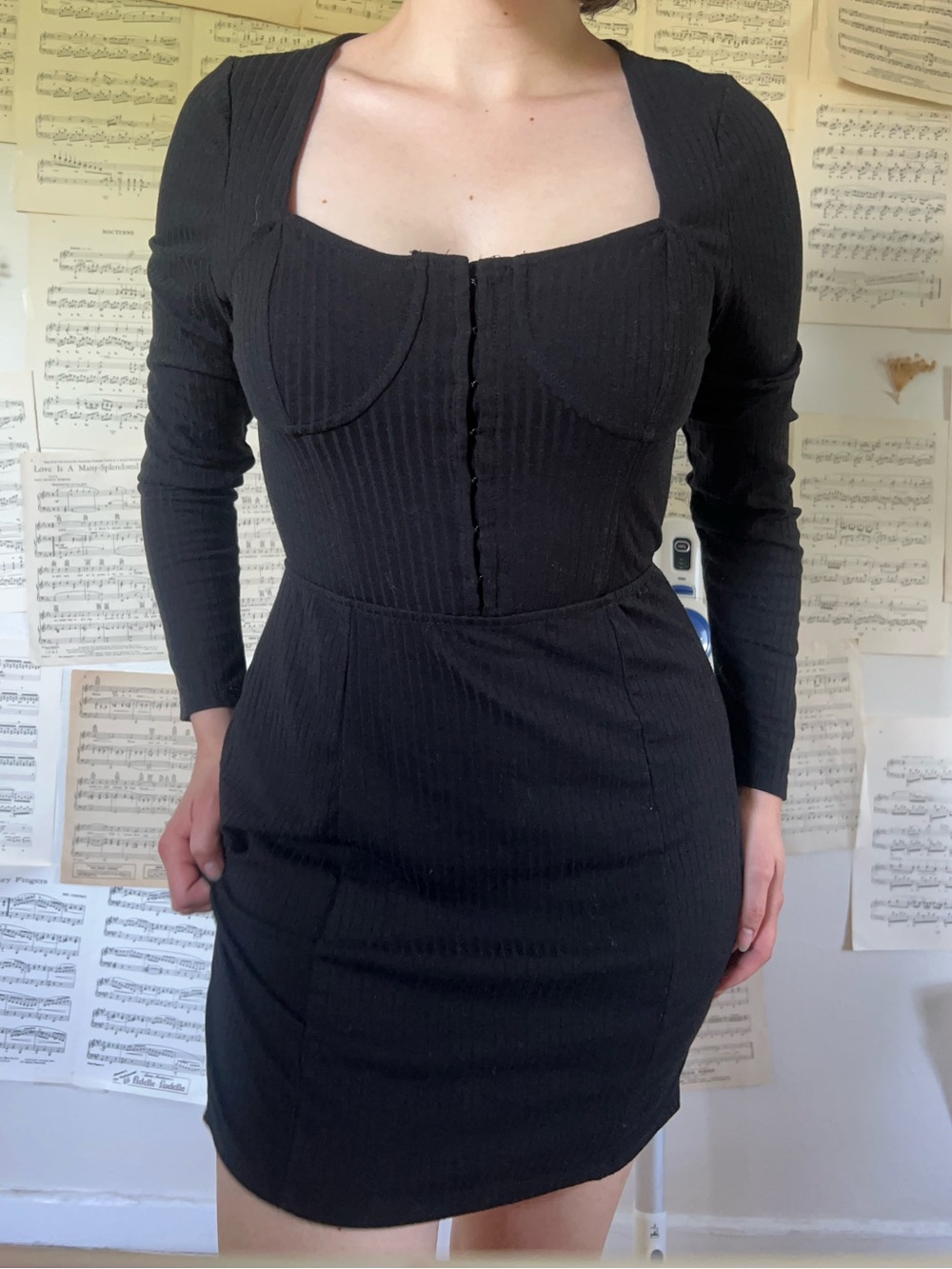 bp Black Long-Sleeve Mini Dress with Square Bust Detail